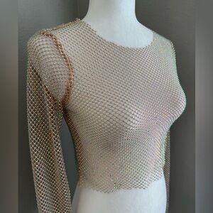 Iridescent Rhinestone Mesh Long Sleeve Top